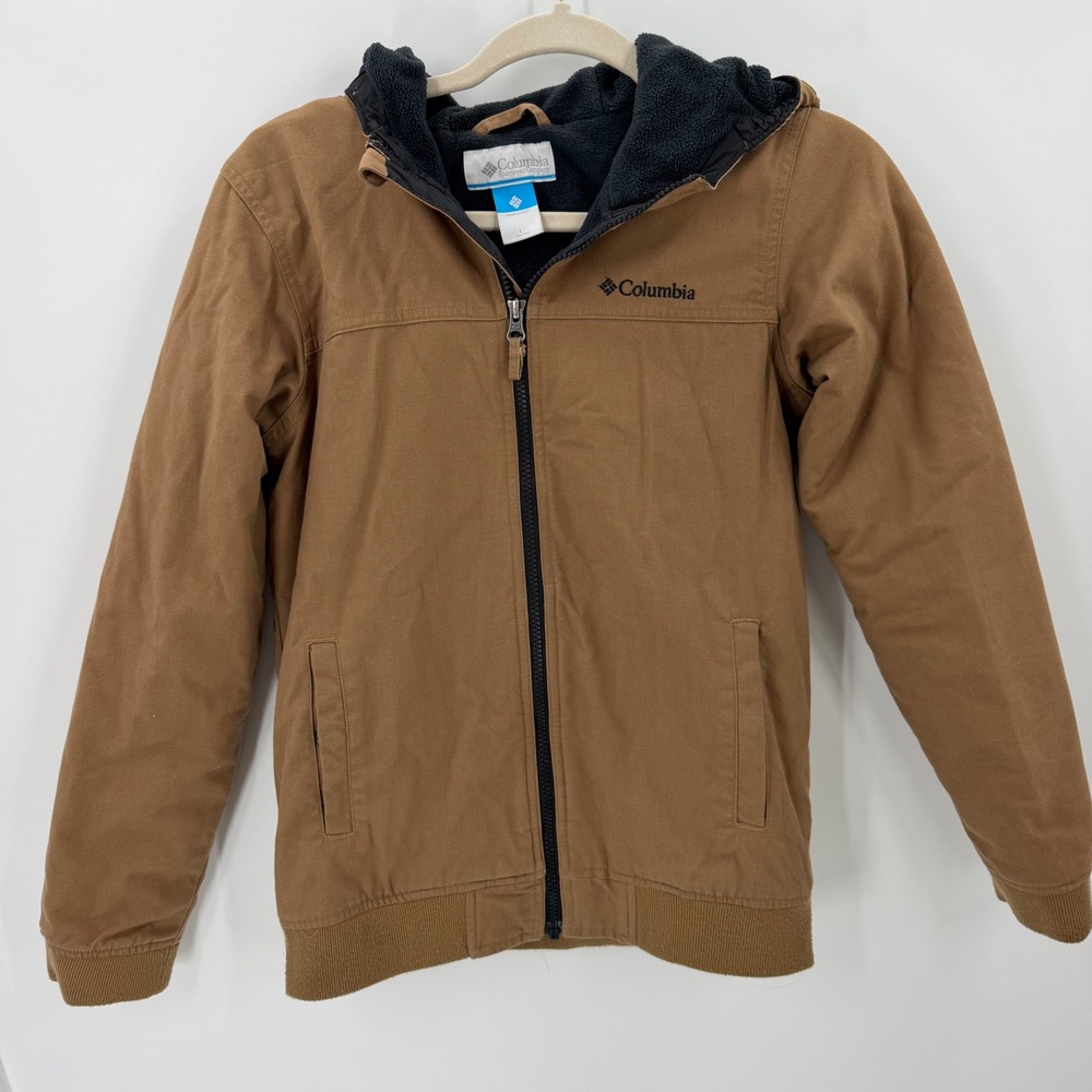 Columbia Canvas utility Jacket Fleece Lined Hooded L 14/16 Brown Workwear SB6371